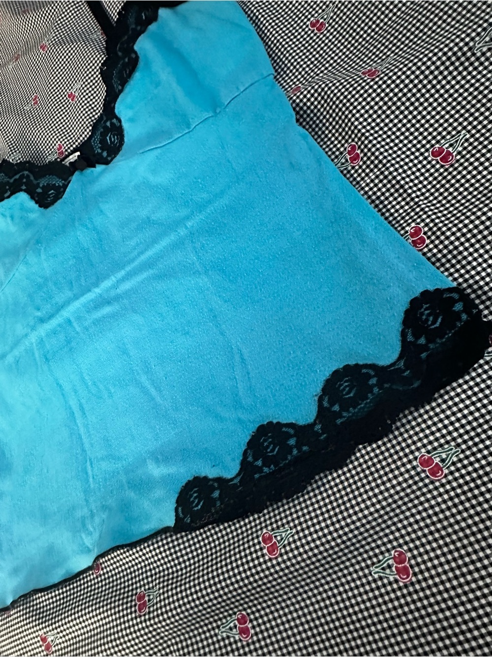 ANDREA FENZI Turquoise Blue Camisole with Black Lace Trim - Picture 3 of 6